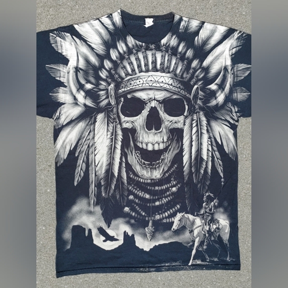 ​Vtg 2000s Jerzees Skull Native American Graphic T-Shirt L Thrashed Distressed - Picture 6 of 8